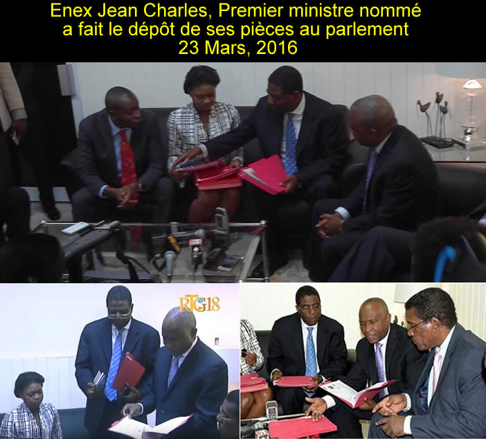 Enex Jean Charles submitting document to Parliament